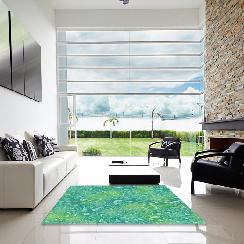 Tapis vert/jaune à motifs, Carré 7 pi