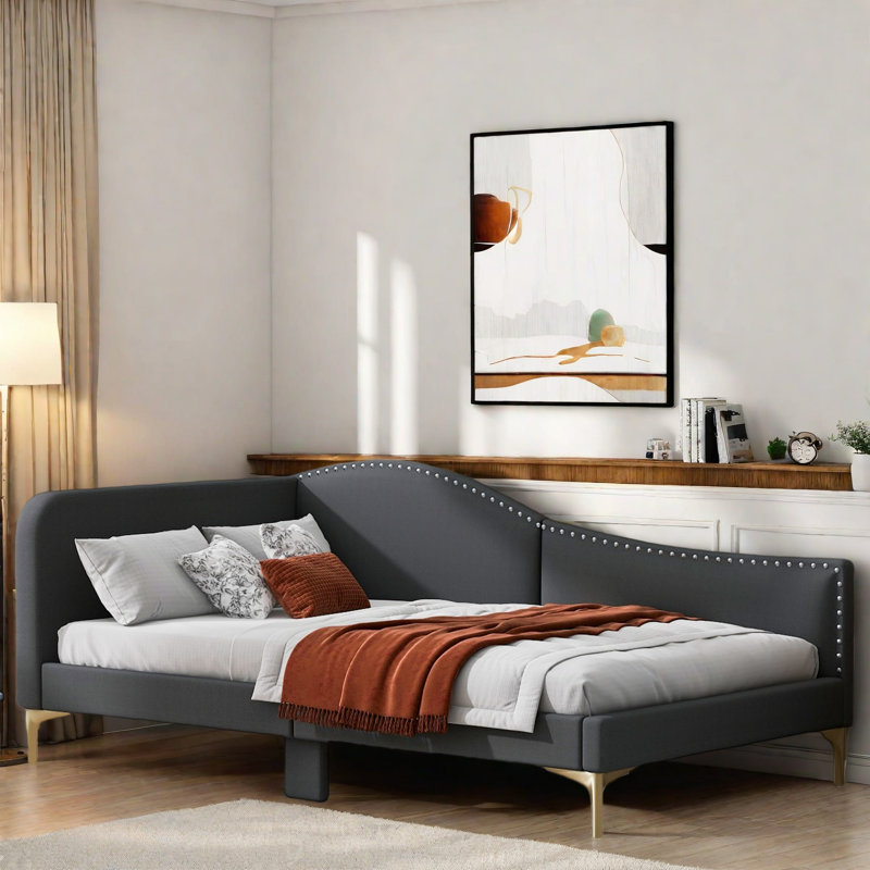 Upholstered Daybed With Headboard And Armrest, Gray, Twin