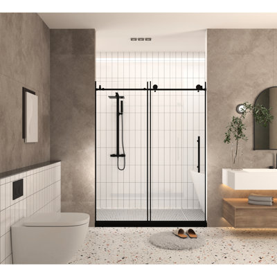 56 - porte de douche de 60 po x 76 po, verre trempé transparent de 6 mm, 1/4 po, film noir mat, poignée en acier inoxydable, grandes roues, blocage de l'eau, glissement en douceur, idéal pour les salles de bain sèches et rondes
