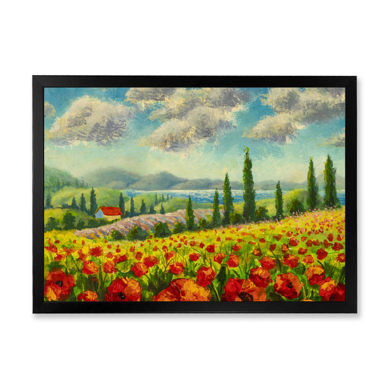 «Beautiful Landscape With Poppies Flowers In Italy», reproduction sur toile, H 30 po x l 40 po x 1,5 po, Cadre noir