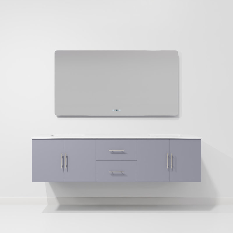 Geneva 72" Wall-Mounted Double Bathroom Vanity Set with Mirror, Dark Gray, White Quartz