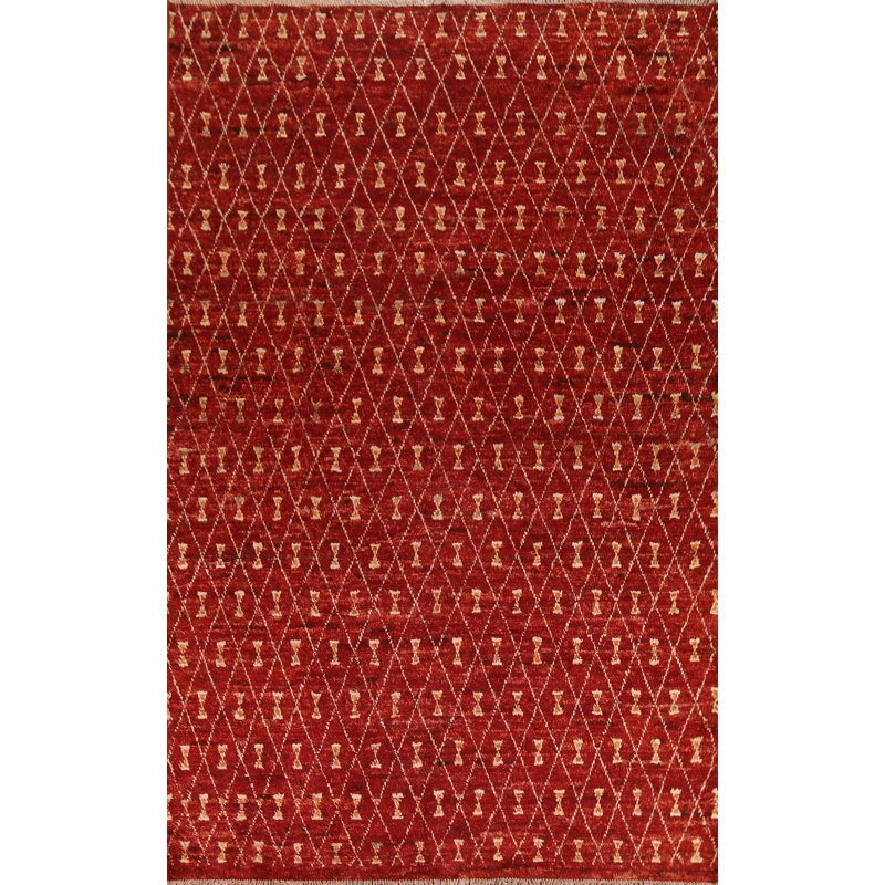 Tapis rouge en laine noué à la main de conception unique 6 pi 10 po x 9 pi 8 po New Age