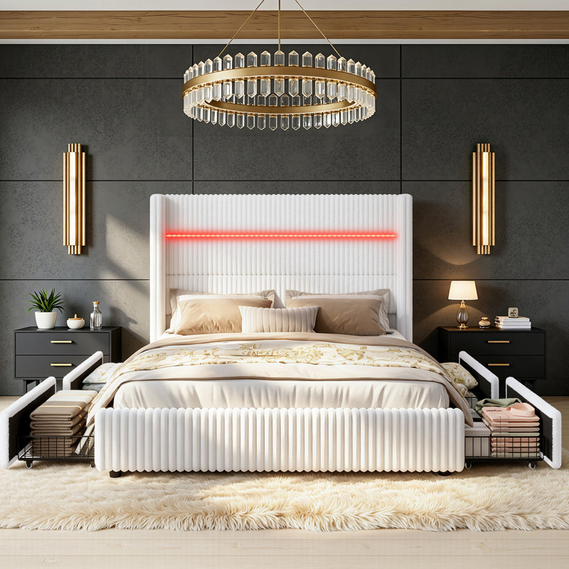 Upholstered Platform Bed with Storage Drawers and Charging Station, Wood Slat Support Bed Frame,White, White, King