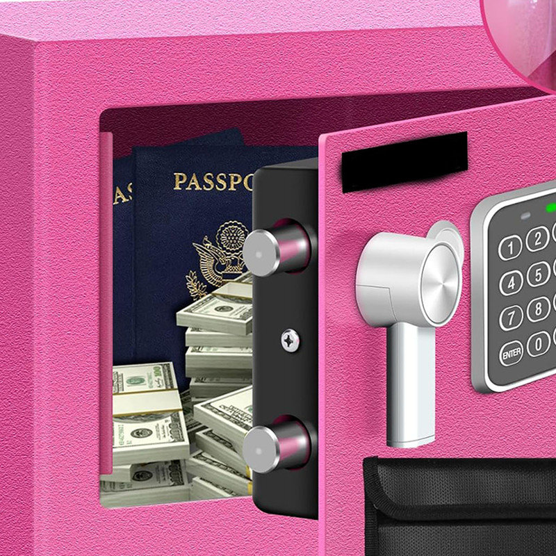 Safe Box with Fireproof Bag, Personal Safe Box for Money Safe for Cash Saving, Mini Safe Box with Key & Light, Electronic Combination Lock (Pink)