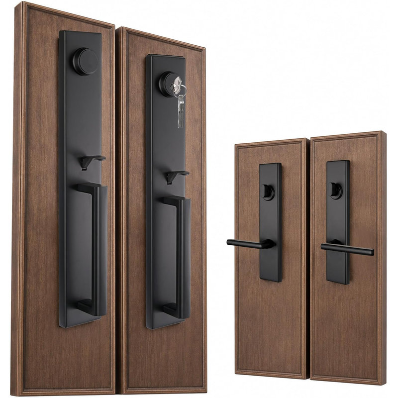 Poignée de porte avant noir mat avec pêne dormant, plaque intérieure longue | Convient à une porte de 1 3/8 po à 2 po, un jeu de poignées avec un trou réglable de 17 1/2 po et un dossier pour la porte d'entrée