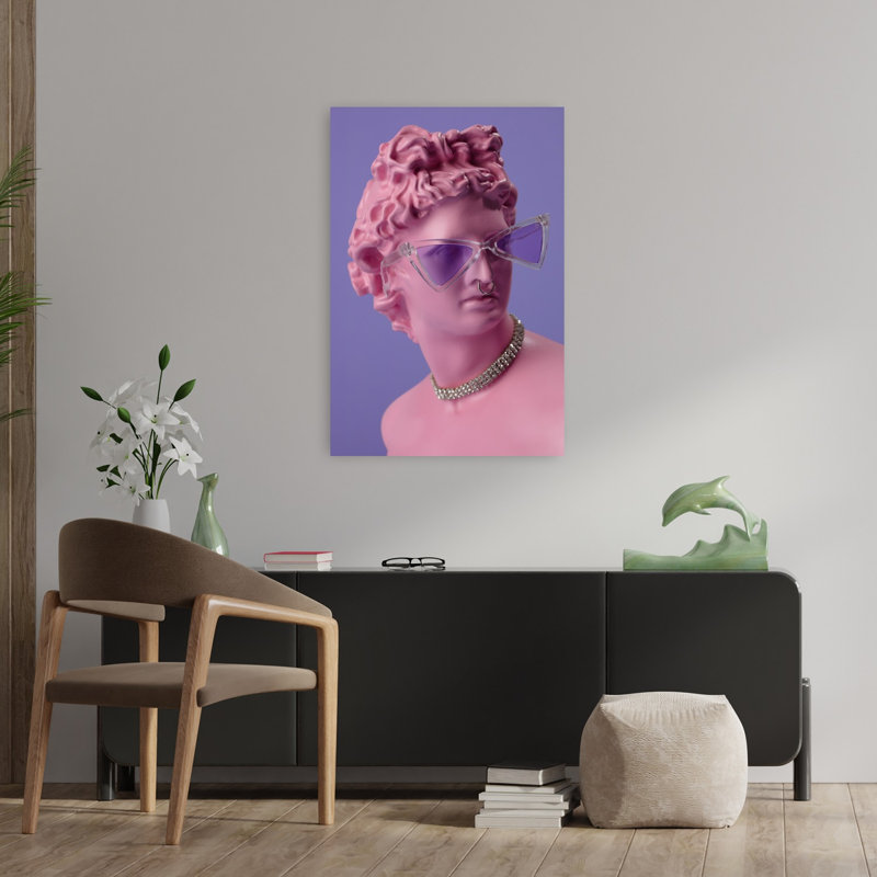 Pink Statue Purple Sunglasses Abstract Contemporary Wall Art Print 1 Piece Wrapped Canvas Wall Art, 91.44cm H x 60.96cm W