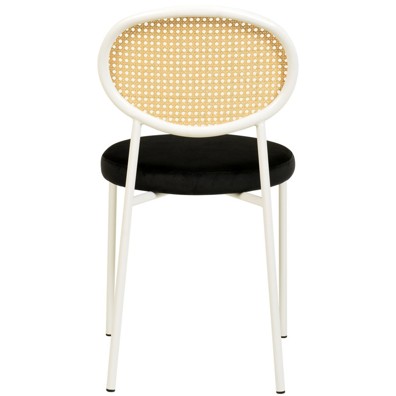 Modern Modern Wicker Dining Chair with Velvet Round Seat, Cane Rattan Back, and White Metal Legs – Mid-Century Boho Accent Side Chair
