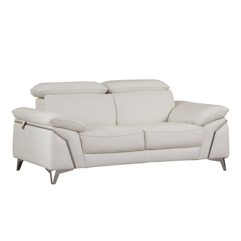 White Loveseat with Adjustable Headrest in Genuine Leather, White Genuine Leather