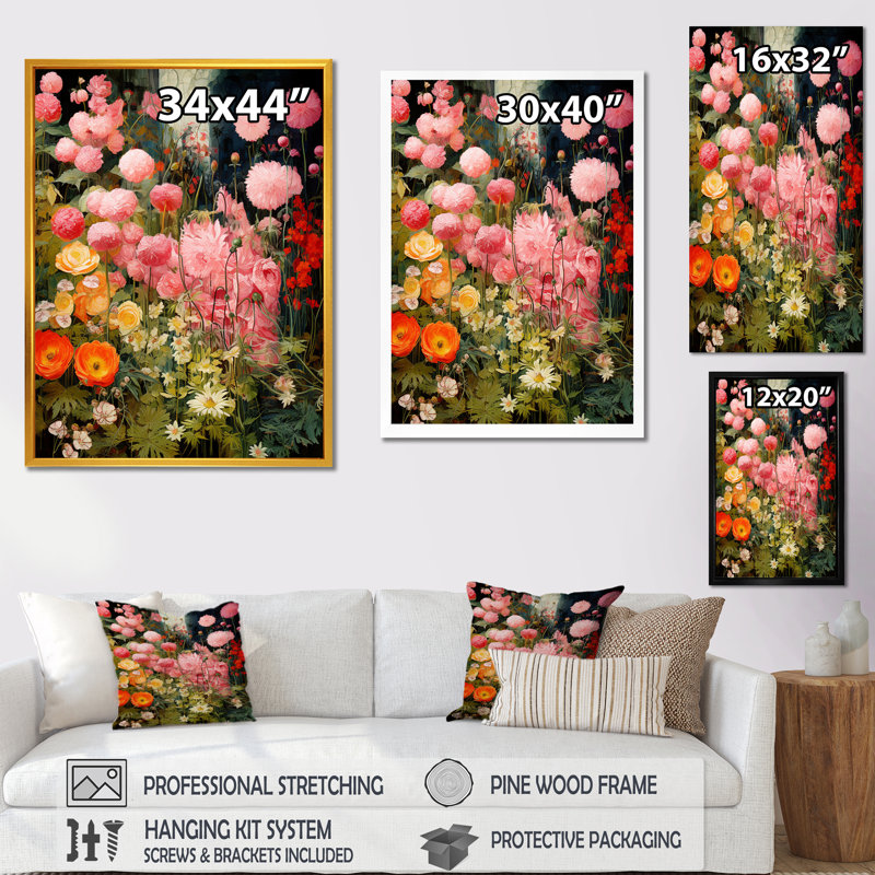 Enigma, fleurs de jardin roses et vertes 4 - tachisme, art mural, Cadre flottant doré, 44" H x 34" W