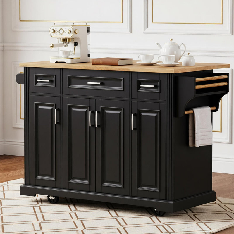 Grand îlot de cuisine de 54 po avec abattant en bois d'hévéa, chariot de cuisine à roulettes en relief sur 4 roues avec 4 portes et 3 tiroirs, îlot de cuisine avec rangement pour la cuisine, salle à manger, noir