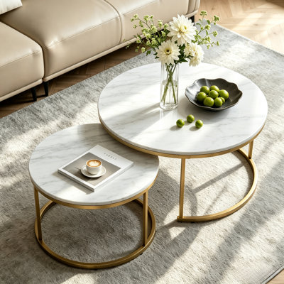 2-pieces Round Nesting Coffee Table Metal Frame And Wood Finish Side Tables