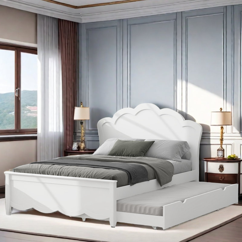 Lit plateforme en bois avec lit gigogne simple, Blanc