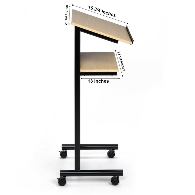 Beech and Black Metal Standing Desk with Wheels and Shelves