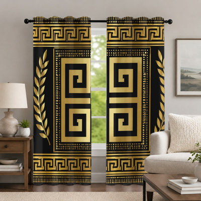 2Pcs Black and Gold Greek Key Pattern Curtains, Geometric Style Curtain, Decorative Vintage Style Printed Art Grommet Drapes, Window Treatment for Bedroom Living Room Home Decor