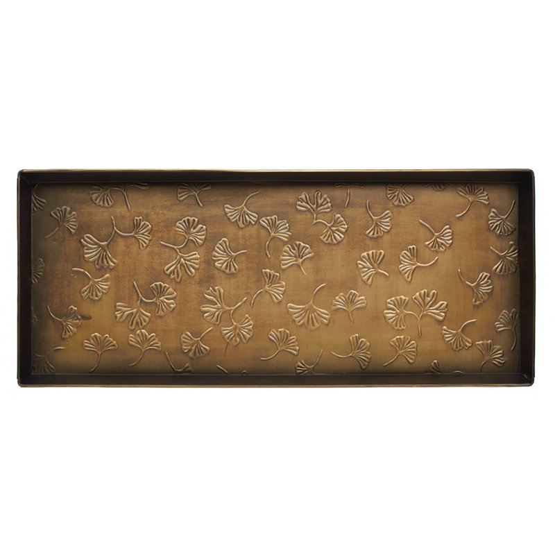 Antique Brass Rectangular Metal Boot Tray with Gingko Pattern