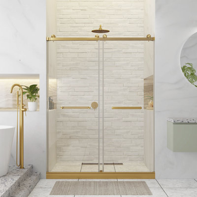 Porte de douche coulissante double sans cadre l 54 po x H 80 po, laiton satiné
