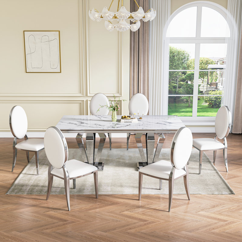 7 Pieces: Table, 6 Chairs, White/Silver, Silver/White