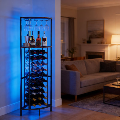 Corner Wine Rack With Led Lights & Hanging Glass Storage, Holds 30 Bottles