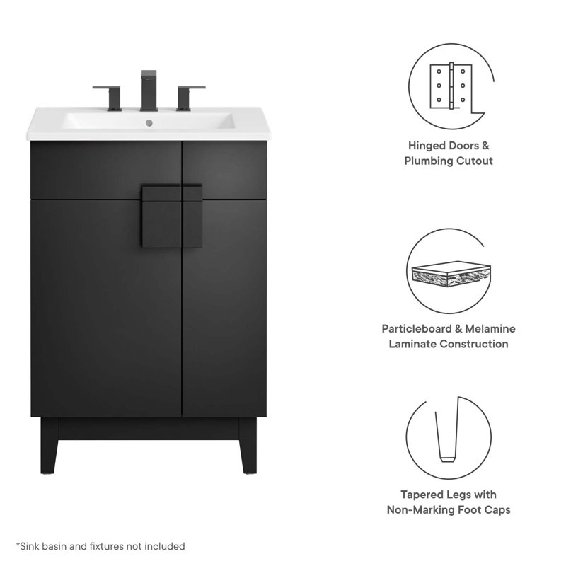 Miles 24" Black Particleboard Bathroom Vanity Cabinet with Rubberwood Legs