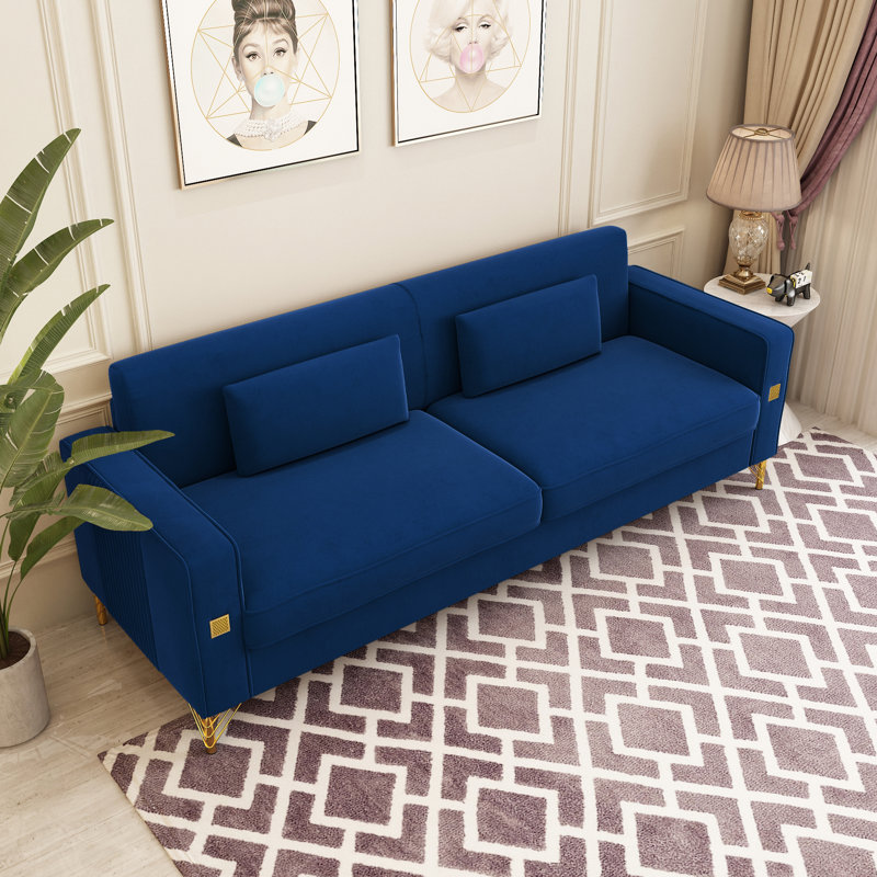 Deondry 85.63" Velvet Square Arm Sofa, Blue Velvet