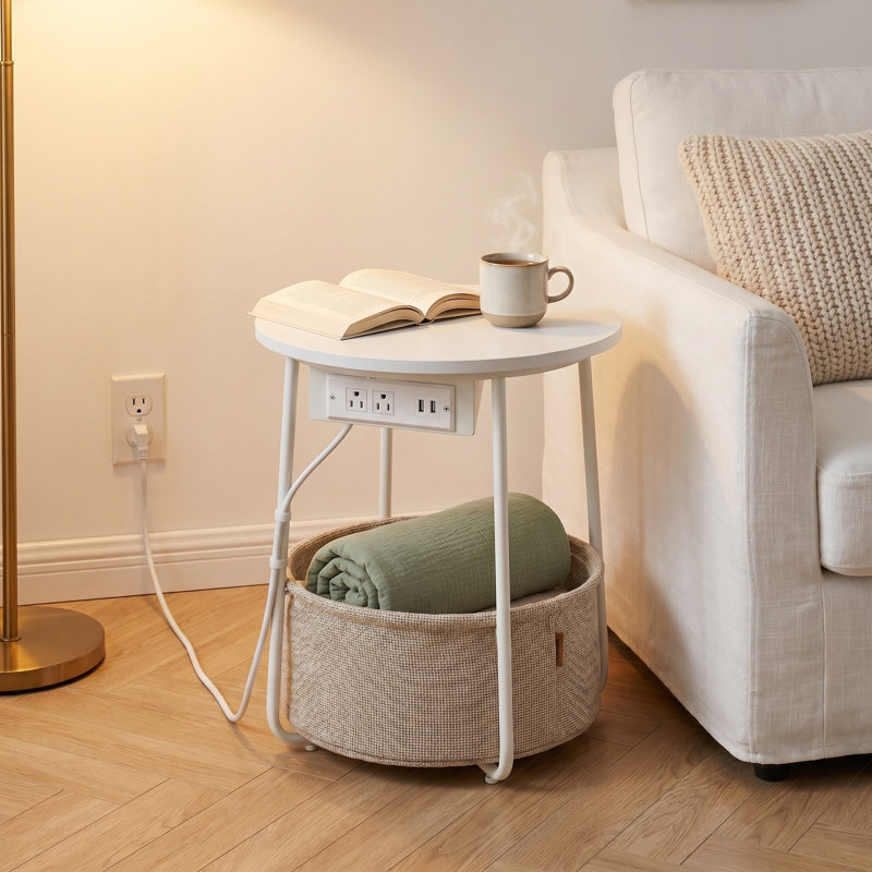Round Side Table With Charging Station - Modern End Table With Fabric Basket And Usb Ports, Nightstand For Living Room And Bedroom, Matte White And Camel Brown