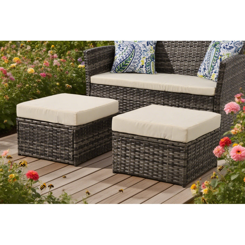 Repose-pieds d'extérieur en osier (ensemble de 2), Beige, Gris