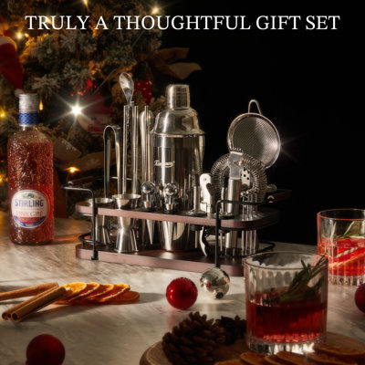 Ensemble barman avec support pour bistro Kitessensu | Ensemble de bar 24 pièces complet avec tous les accessoires de bar: Martini Shaker, Jigger, Muddler | Ensemble de mélangeur de boissons pour les cocktails maison