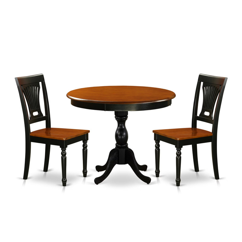 3-Piece Mid Century Dining Set Contains a Wooden Table and 2 Dinner Chairs with Slatted Back - Black Finish