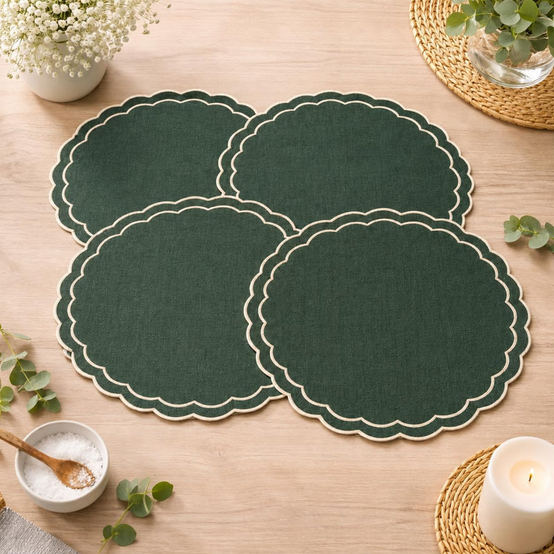 Ensemble de 4 napperons ronds vert foncé – 38 cm (15 po) – Bord festonné – Tissés, Vert foncé