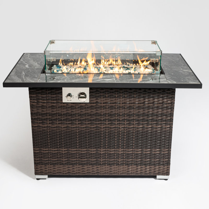 Foyer d'extérieur de 50000 BTU avec comptoir en céramique, fosse d'extérieur de 44 pouces, rectangulaire, couvercle, housse de pluie, pierres en verre scintillantes, fosse au propane à finition extérieure, couleur brillante