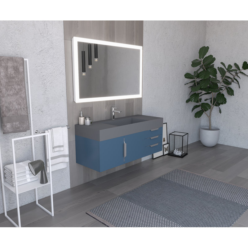 Meuble-lavabo mural simple 48 po avec comptoir à surface solide 48 po, gris, Gris, Chrome