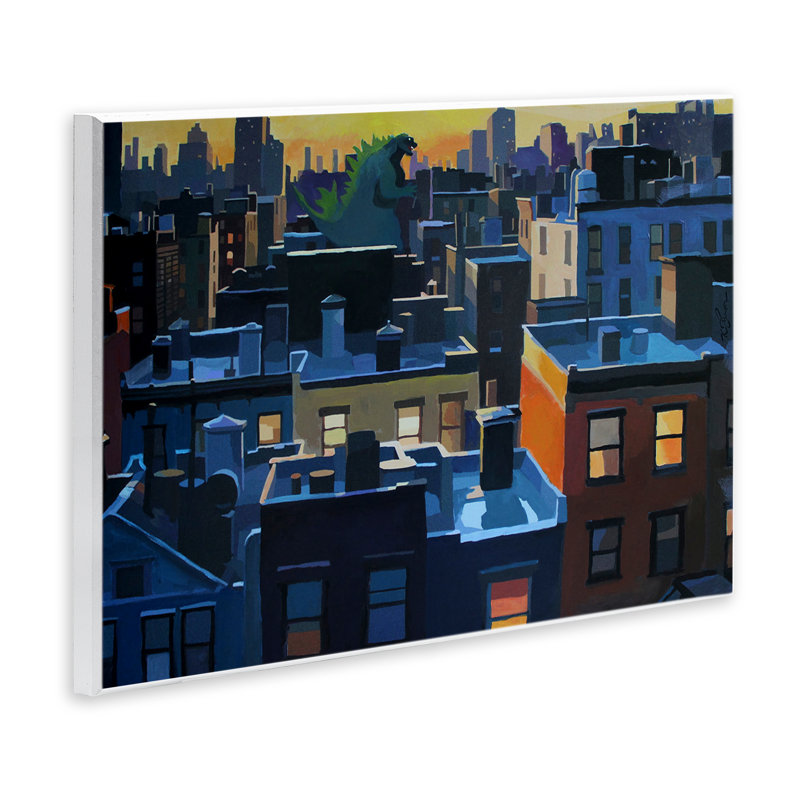 Paysage urbain avec plaque murale monstre lointain, design par Keith Thomson, H 10 po x l 15 po