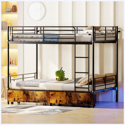 Twin Over Twin Split Metal Bunk Bed with Ladder & High Guardrails, Black