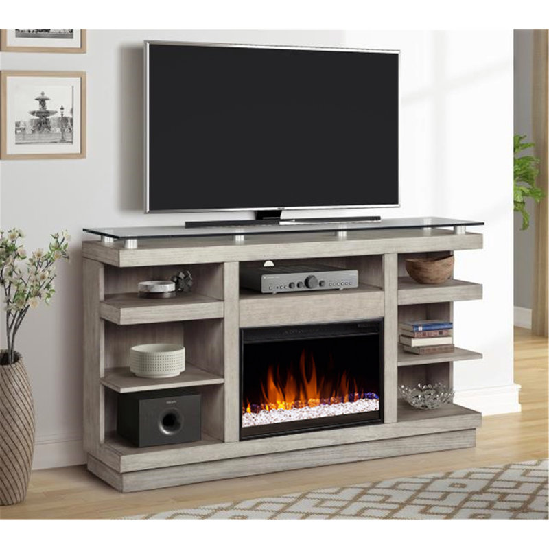 Meuble télé avec foyer moderne et rangement spacieux