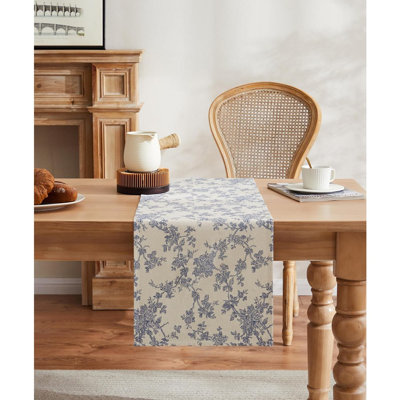 Chemin de table en coton - bleu - pastoral français, imprimé floral rétro, style maison de campagne pour la décoration intérieure