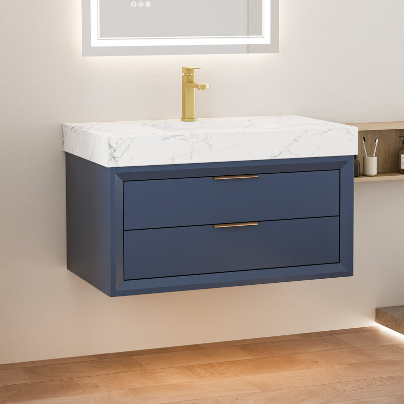 Meuble-lavabo suspendu bleu de 91 cm (36 po) avec éclairage DEL, comptoir en marbre reconstitué, lavabo encastré et tiroirs à fermeture amortie.