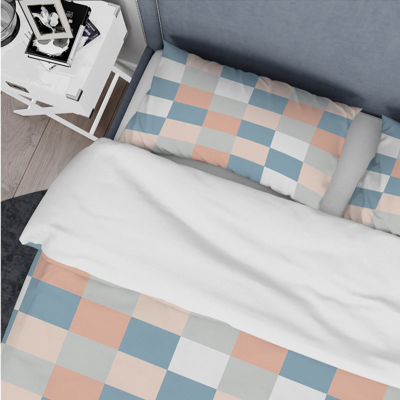 Ensemble de housse de couette abstraite rose et bleu Misty Grid I, Housse de couette pour grand lit et 2 taies décor