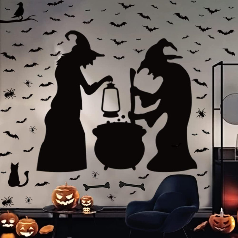 Décoration de fête d'Halloween, décoration murale, fenêtre, 2 sorcières avec chauves-souris, araignée, souris et corbeau