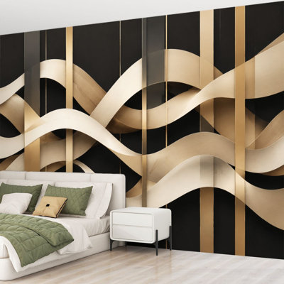 Wall Mural Peel and Stick Wallpaper Abstract Black Gold Wavy Lines Modern Minimalist Design Self-Adhesive Removable Contact Paper Wall Decor for Living Room Bedroom 69"H x 96"W