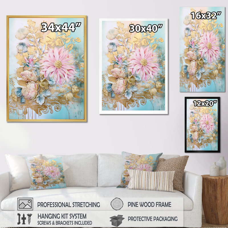 Gilden, lys rose, illustration rétro I, H 40 po x l 30 po x P 1,5 po, Cadre flottant doré