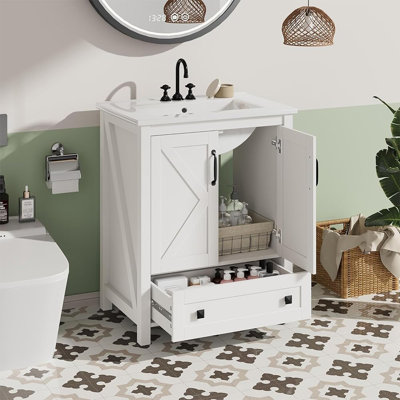 Modern Bathroom Vanity Set – 24 Inch Freestanding Cabinet with Ceramic Basin, 2 Doors & 1 Drawer, Stylish Storage for Contemporary Bathrooms – 24 inches