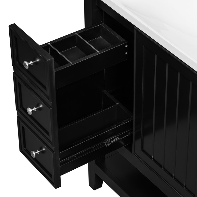 Meuble-lavabo de 36 pouces avec finition peinte en noir, lavabo encastré en bois massif, trois tiroirs et tablettes réglables