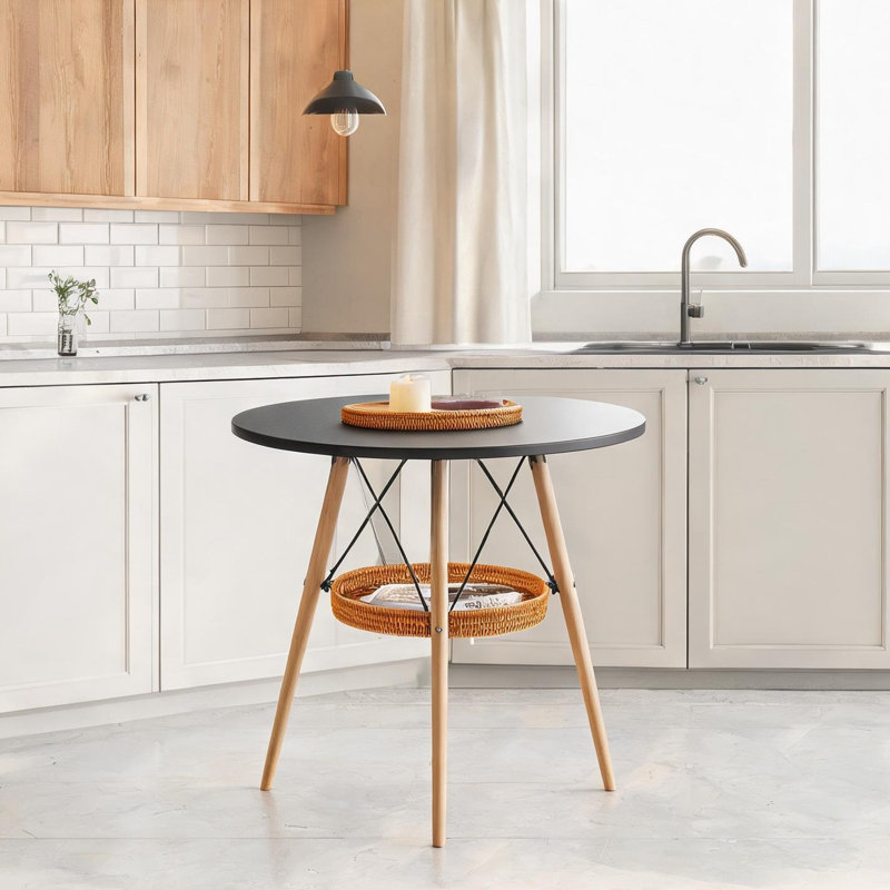Table de salle à manger ronde 31,5 pouces avec panier tissé sous la table, 2 à 4 places, plateau en panneau de fibres à densité moyenne noir profond et pieds en bois massif