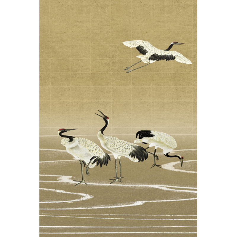 Cranes on Gold I - Painting, 122cm H x 81cm W, Black Floater Framed