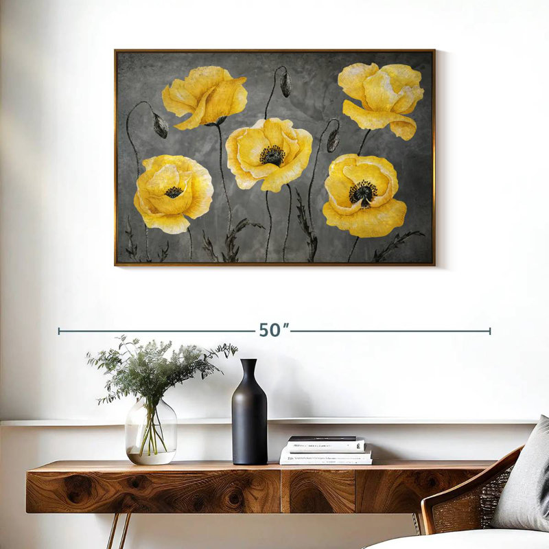 Coquelicots jaunes, Cadre flottant doré, 37 po x 25 po