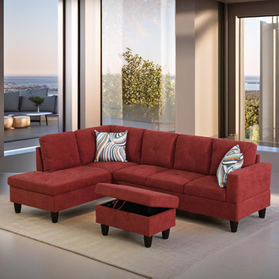 103" Verona Red Flannel 3-Piece Left Facing Sectional Sofa Set With Chaise And Storage Ottoman
