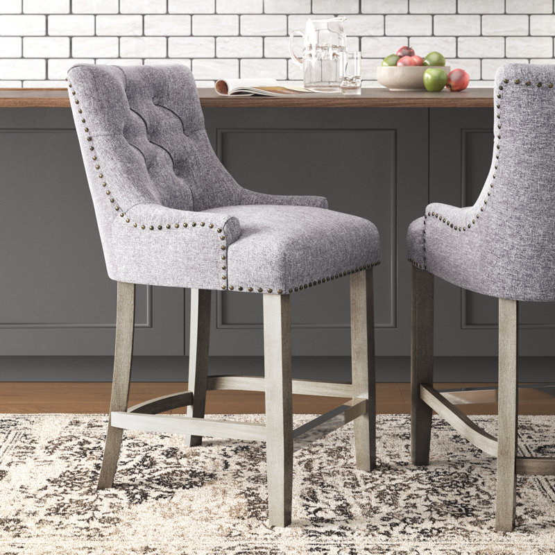 Linen Fabric Tufted Upholstered Counter Stool, Counter Stool (24” Seat Height), Gray Linen/Antique Gray Frame
