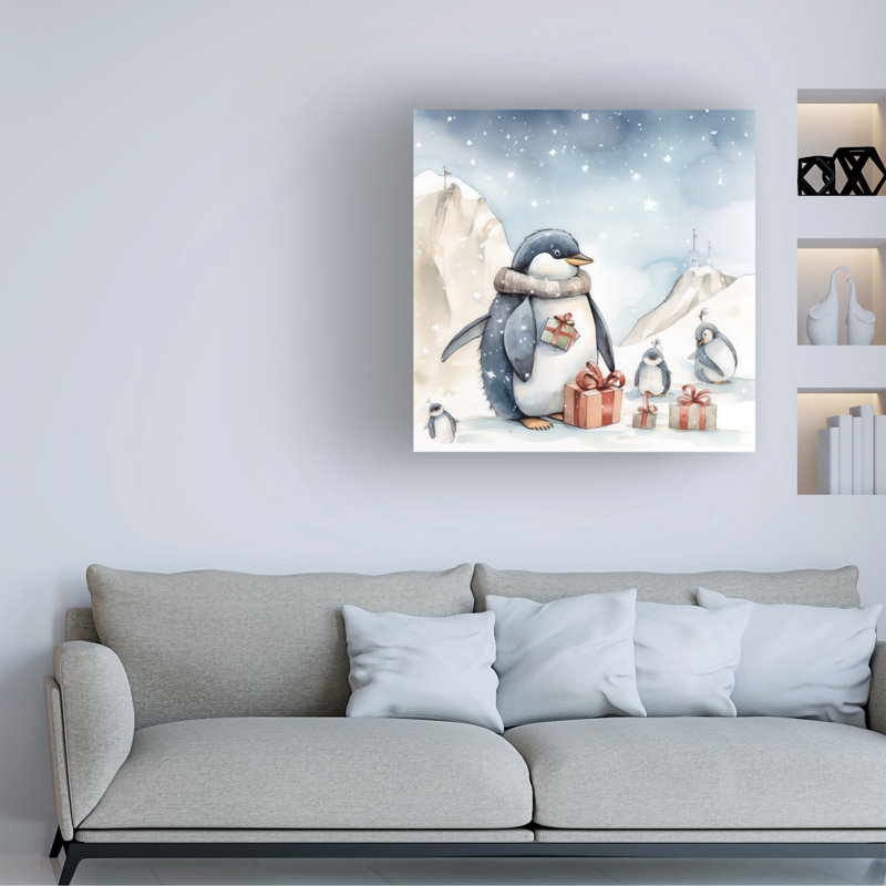 «Seasonal Penguin Presents», peinture sur toile encadrée, H 14 po x l 14 po x P 2 po