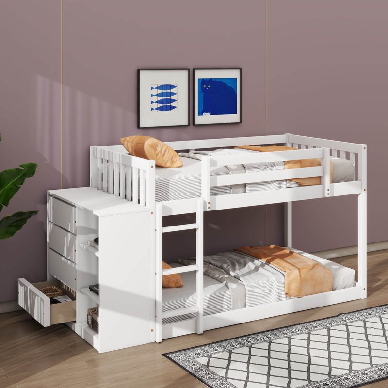 Lit superposé avec 4 tiroirs et 3 tablettes, Simple sur simple, Blanc