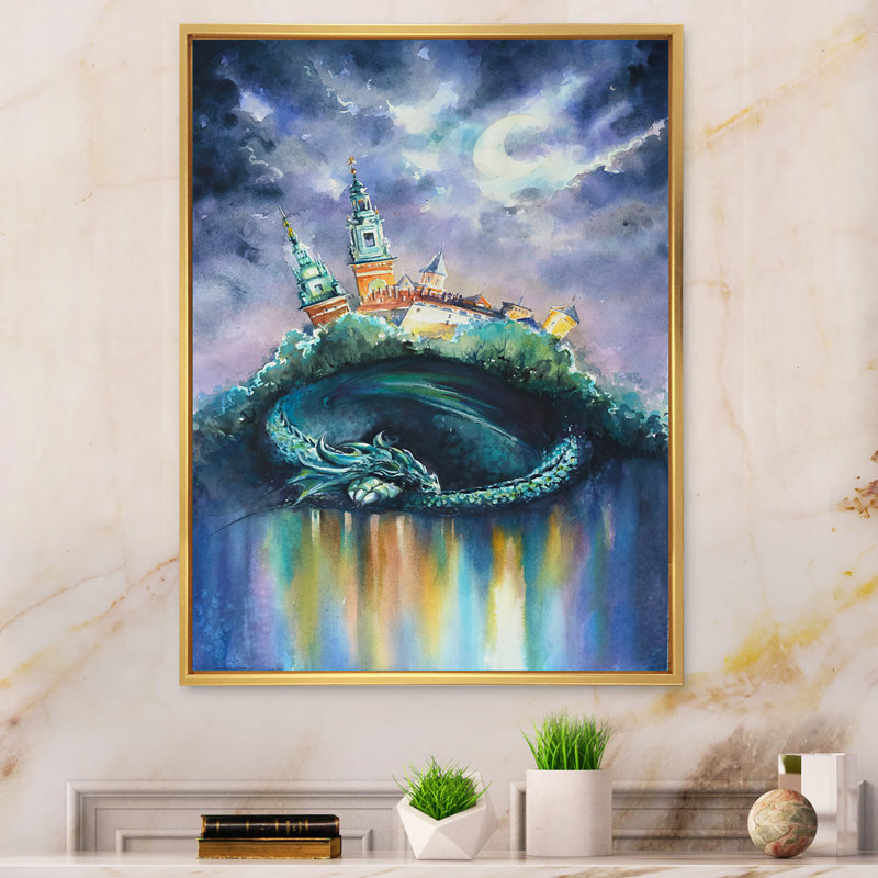 Fantasy City, art mural pour enfants, H 20 po x l 12 po x P 1 po, Toile avec cadre flottant or